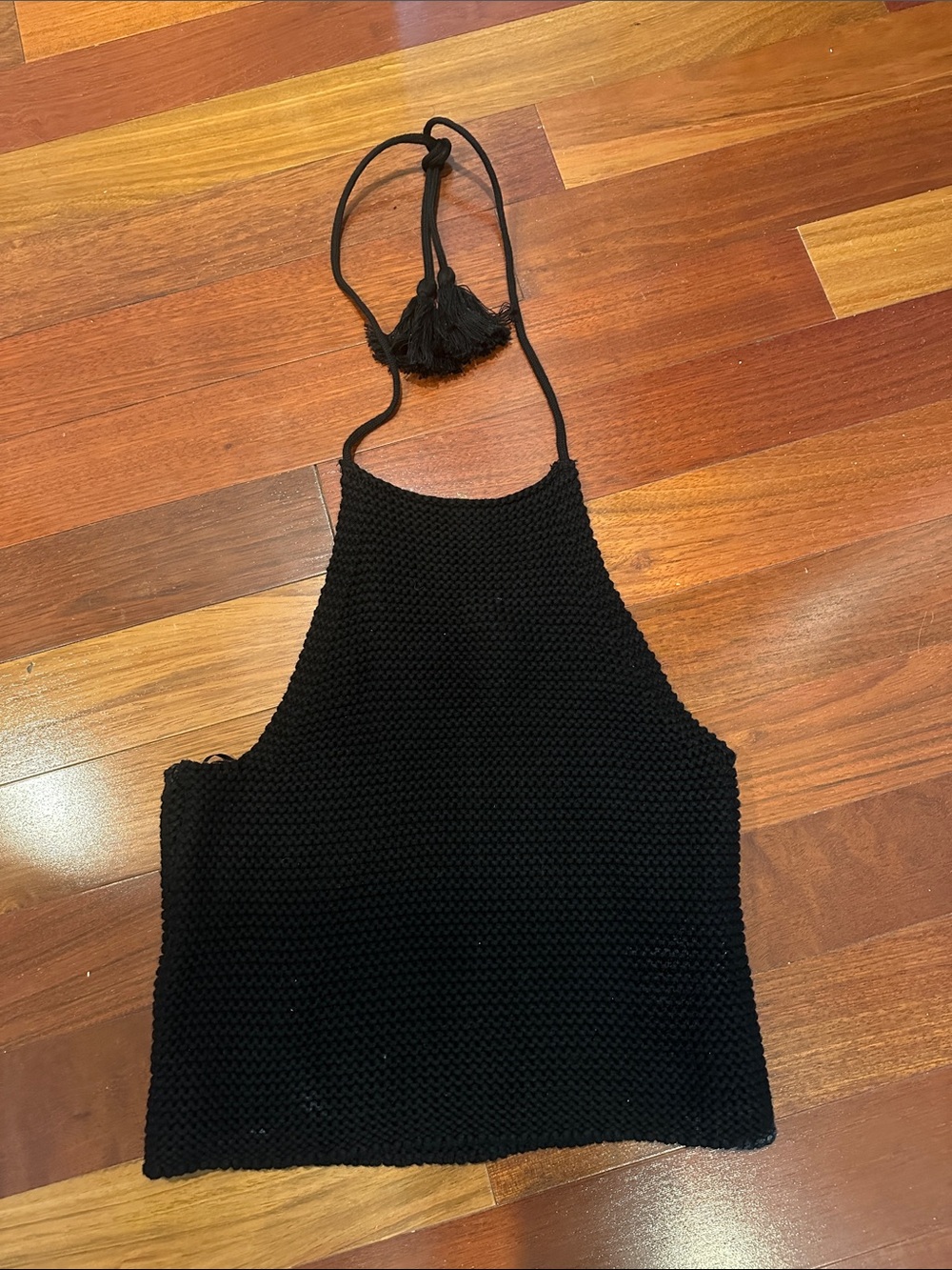 525 America Black Hand-Knit Tassel Halter Top